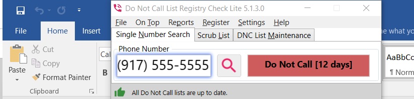 Do Not Call List Registry Check docked above Microsoft Office toolbar